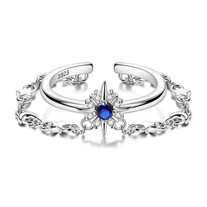 LAZA S925 Silver Plated Polaris Adjustable Open Ring with Sapphire Blue CZ - Celestial Moon and Star Links, Exquisite Statement Jewelry, Best Holiday Gift for Girls and Women