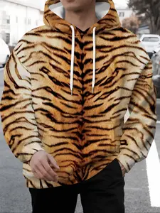 Men's Tiger Stripe Hoodie Fashion Jacket Fall & Winter Casual Fitted Animal Print Pullover Sweater, Trendy Brand Sweatshirt