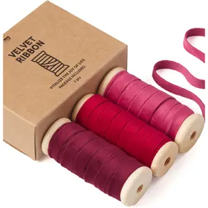 Red  Ribbon Set 3/8" x 15 Yd Burgundy Fabric Trim 3 Rolls * 5 Yd for Christmas Wreath Decoration Handmade Craft Ornaments  Wrapping & Bow Making