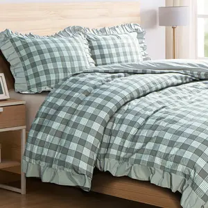 NTBAY Washed Cotton Ruffled Duvet Cover Set 3 Pieces Ultra Soft Breathable Comforter Cover with Zipper Closure Plaid Pattern Vintage Ruffle Design for Queen Size Bedding