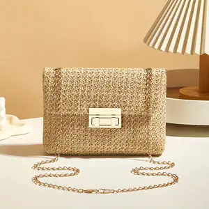 Bohemian Handcrafted Straw Shoulder Bag with Chain Closure Small Square Purse for Women baskets Card Acrylic Frosted umbrella