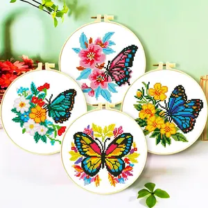 4-Pack Butterfly  Stitch Kits - 11CT 24x24cm Aida Cloth with Blue,  & Floral Designs -   Wall Art Decor Set(68121)
