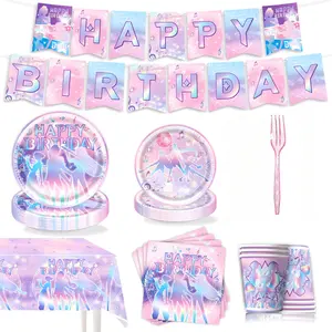 K-Pop Devil hunter Themed Party Disposable Tableware Set for 10 People - Includes Colored Plates, Napkins, Tablecloth, Banner, Cups, Party Music, Decorations, and Fan Gifts