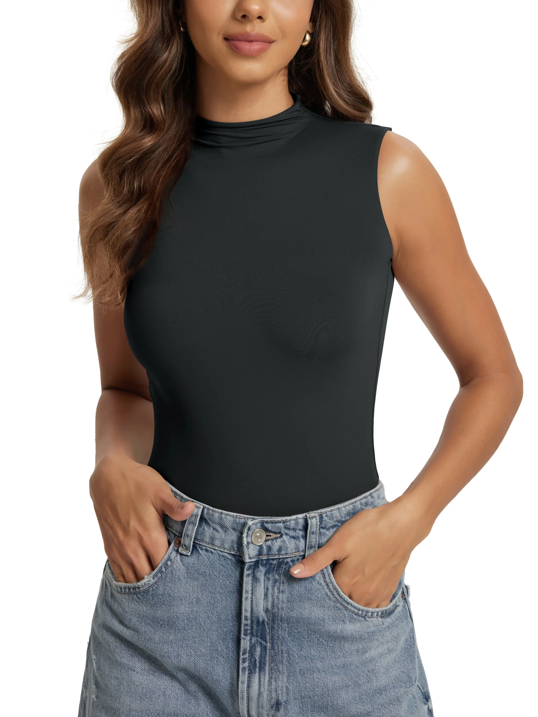 ODODOS Women's Double Layer Mock Neck Sleeveless Tee Ultra-Soft Lightweight Basic T-Shirts Slim Fit Tank Top summerwins