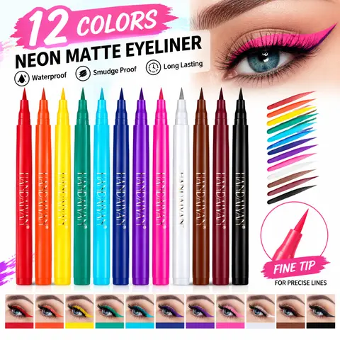 12 Colors Matte Liquid Eyeliner Set, Waterproof Smudge Proof Long Lasting Neon Rainbow Eyeliner, Fine Tip, High Pigment, Cruelty Free, For Festival Halloween Makeup, Gift For Girls