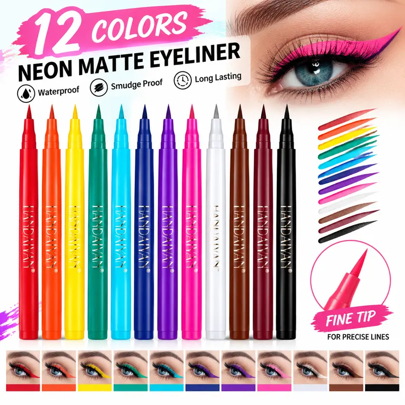 12 Colors Matte Liquid Eyeliner Set, Waterproof Smudge Proof Long Lasting Neon Rainbow Eyeliner, Fine Tip, High Pigment, Cruelty Free, For Festival Halloween Makeup, Gift For Girls