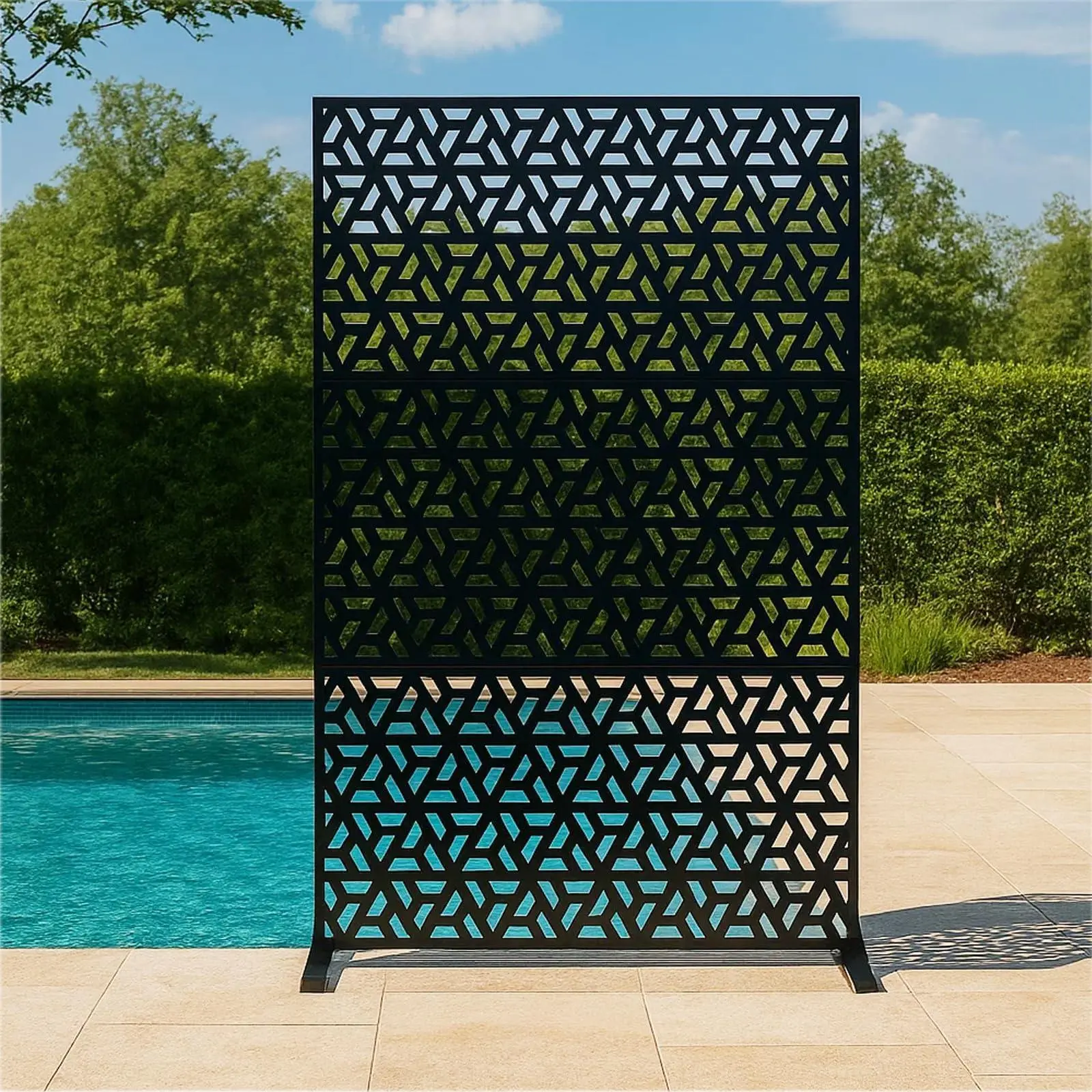 120x180cm Rectangular Freestanding Steel Frame Outdoor Privacy Screen - Lattice Geometric Cutout Single Unit, Windbreak for Patio, Room Divider with Stand