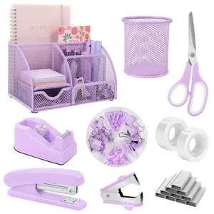 SKYDUE Purple Office Supplies, Purple Desk Organizer for Kids, Mesh Desk Organizer, Stapler, Tape Dispenser, Scissors, Binder/Paper Clips and 1000pcs Staples, Girls Desk Accessories