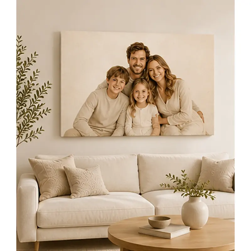 Custom Family Portrait Canvas Wall Art - Premium Gallery-Wrapped Personalized Print, Solid Pine Wood Frame, Fade-Resistant, Neutral Modern Decoration, Ready-to-Hang, Room Decor, Housewarming Gift stylish living room decoration
