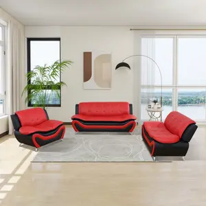Black & Red Faux Leather 3-Piece Couch Set | Modern Living Room Sofa, Comfy Upholstered Loveseat & Chair, Luxury Home Furniture for Apartment, Compact Space, Easy Assembly