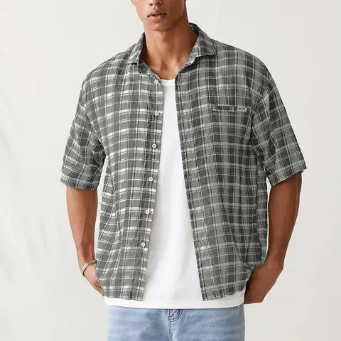 Spring To Summer Plaid Button Down Shirts Short Sleeve Drop Shoulder Collared Shirt Top