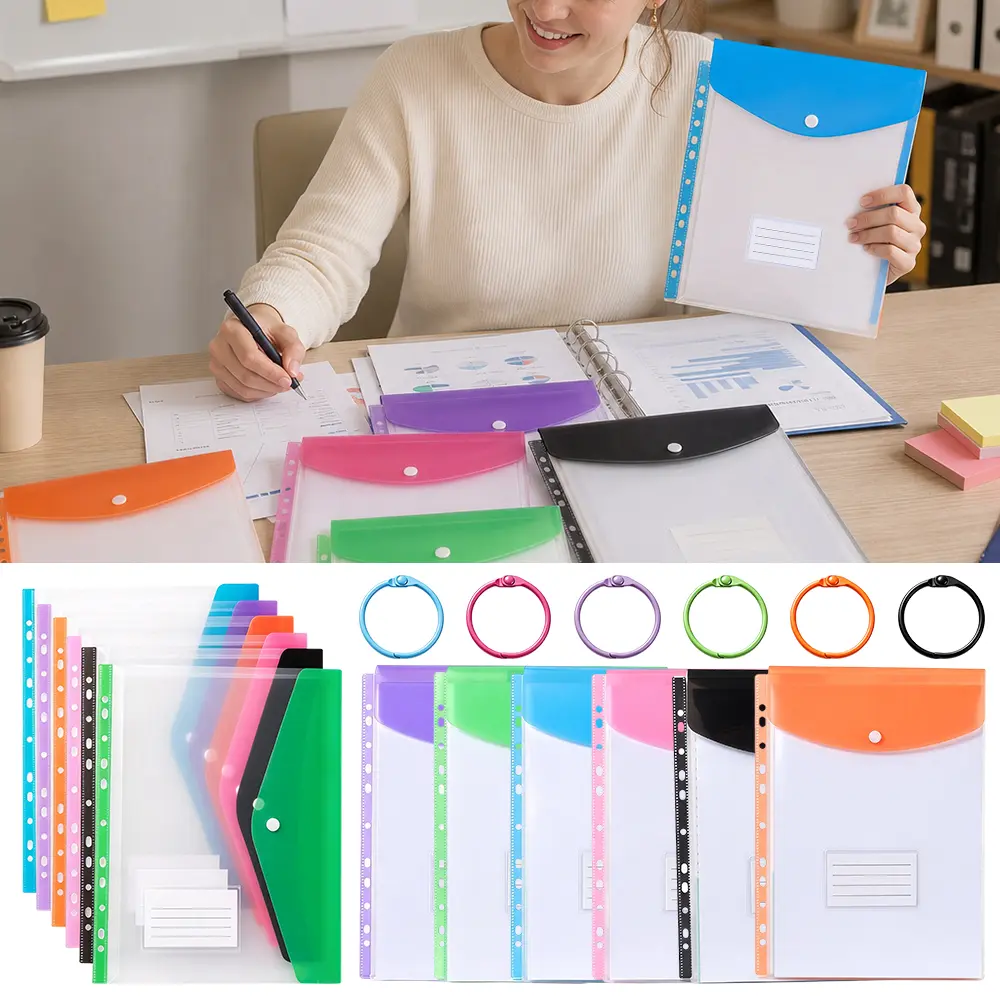 12 Pcs Plastic Envelopes Binder Pocket 11 Holes Expandable Binder Folders Holds Up to 200 Sheets, Snap Closure, 6 Landscape 6 Portrait, Bonus 6 Colored Book Rings for School Home Office - Home Improvement.