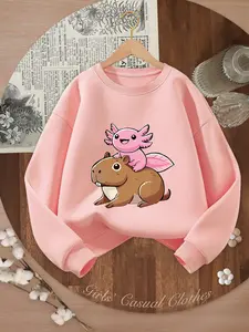 Girls' Cartoon Print Sweatshirt, Round Neck Long Sleeve Casual Sportswear, Fitted Design for All Seasons, Comfortable and Stylish, Cute Animal Sweatshirt, Casual Soft Sweatshirt, Cute Cozy Sweatshirt