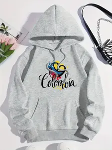 Women's Colombia Heart Print Drawstring Hoodie, Casual Long Sleeve Hooded Sweatshirt for Fall & Winter, Women's Clothes for Daily Wear
