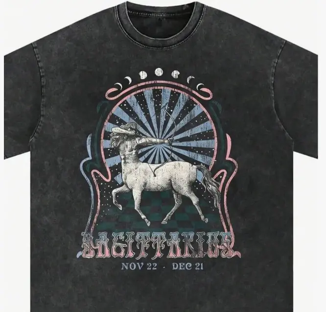 Women's 12 Zodiac Cotton T-Shirt - Soft Retro Round Neck, Unisex Breathable Casual Loose Vintage Washed, Astrology Horoscope Star Sign Graphic Top, Lucky Charm Birthday Gift