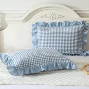 Blue Plaid Ruffle Pillow Shams Standard Size Set of 2,Shabby Checkered Washed Cotton Pillow Covers 20"x26"