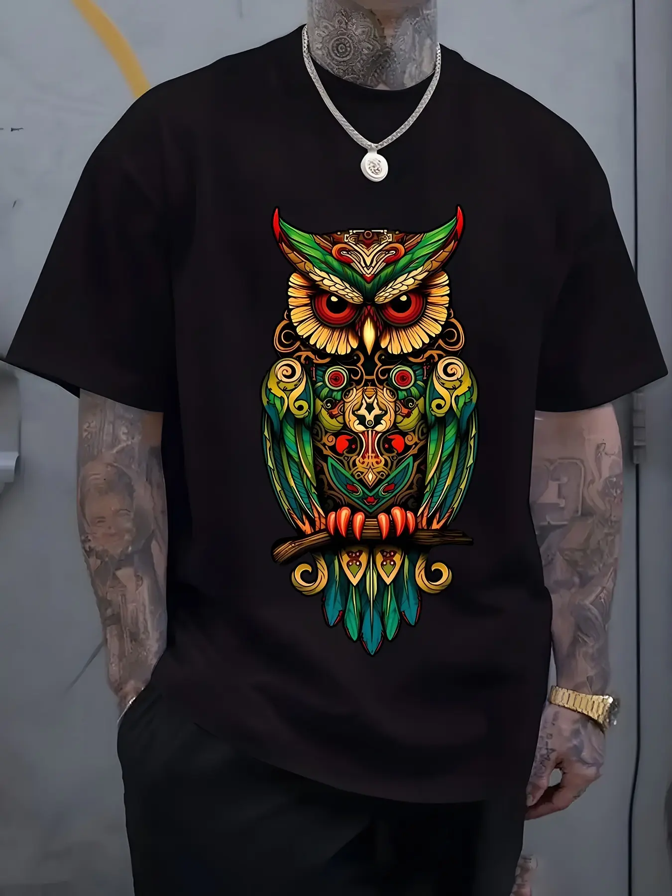 Men's Black TShirt with Colorful Owl Design Intric