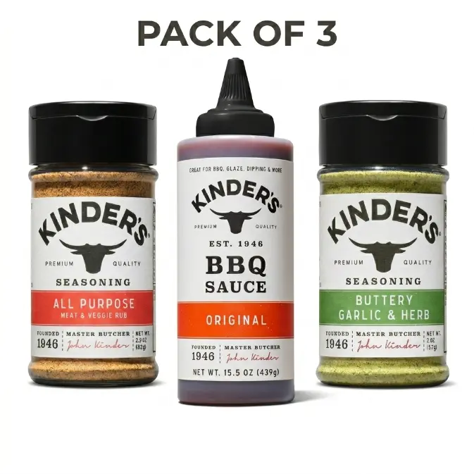 Pack of 3 Kinders Seasonings & BBQ Sauce, Buttery Garlic & Herb 2 oz, Original BBQ Sauce 15.5 oz & All Purpose 2.9 oz