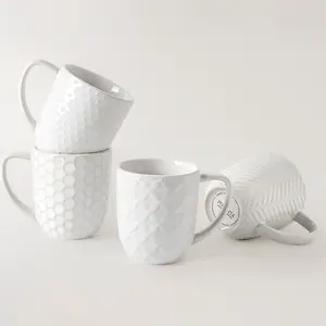 Set of 4 12oz Stackable Ceramic Coffee Mugs with Embossment for Coffee or Tea or Latte or Cappuccino Microwave and Dishwasher Safe Gift for Men and Women
