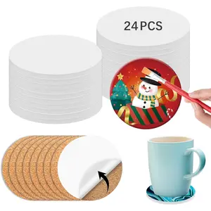 24 count Round Ceramic Tiles for Crafts 4x4 inches and self Adhesive Cork mat, unglazed Ceramic Coasters for Crafts ,Use with  Ink or  Pouring Make Your Own DIY Coasters