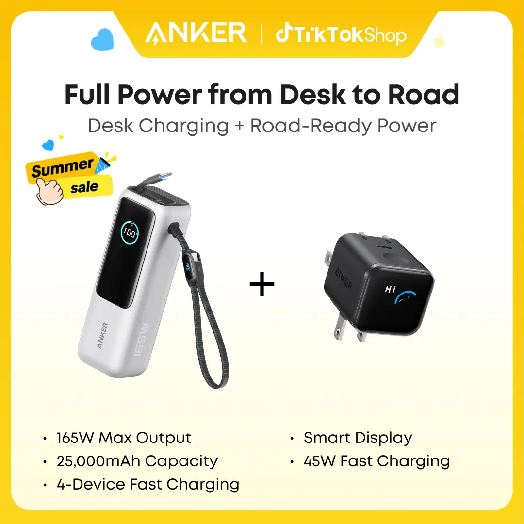 Anker Smart Display Charger, USBC Charger with Smart Recognition, Built-In Care Mode, Compact with 180° Foldable Plug + Anker Portable Laptop Power Bank with Built-In Cables, 25,000mAh High-Capacity Battery, Fast Charging for 4 Devices