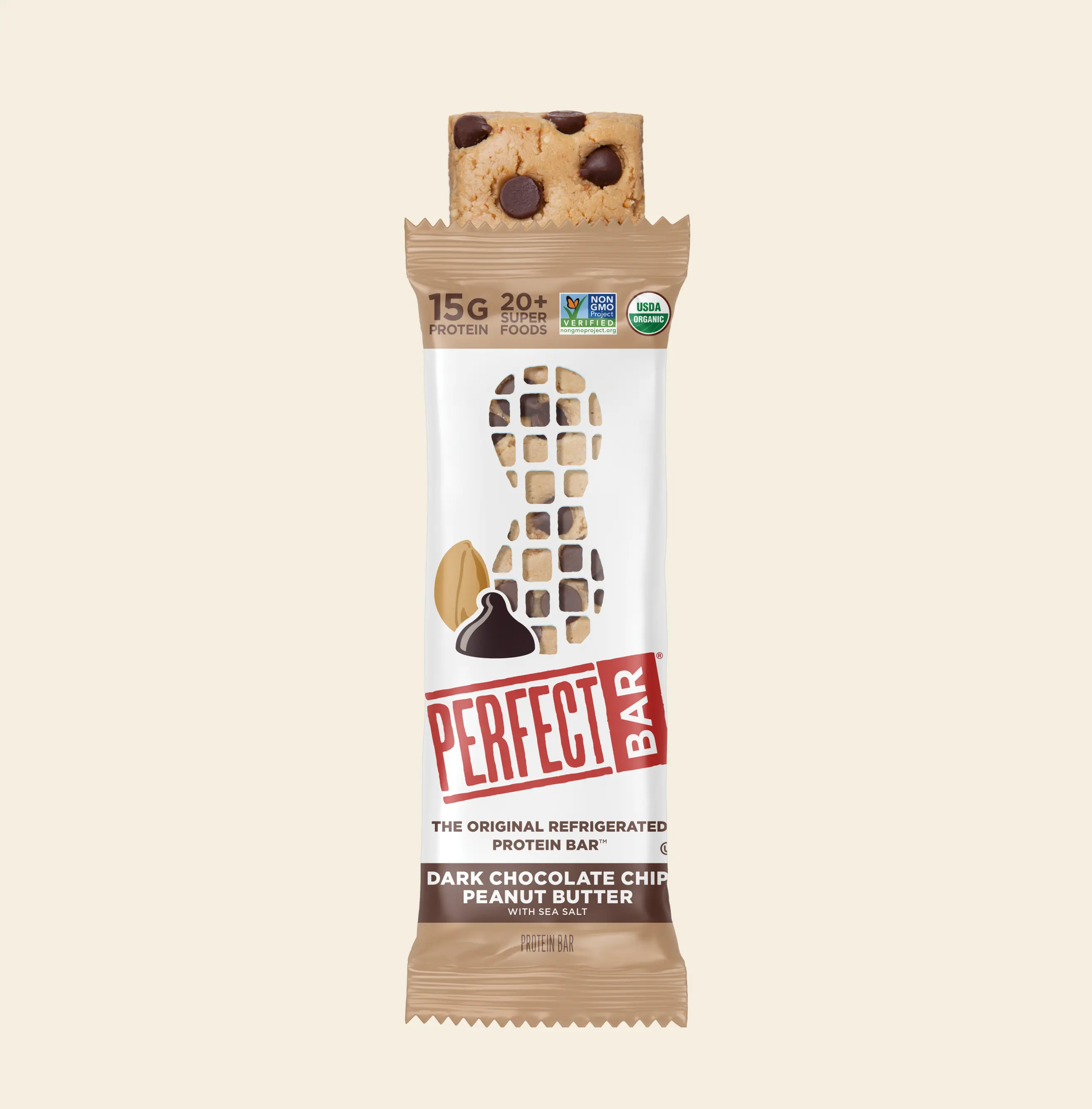 Perfect Bar Dark Chocolate Chip Peanut Butter Protein Bar - High Protein - Certified USDA Organic - Organic Honey, No Sugar Alcohols, 2.3 Ounce Bar, 8 Count