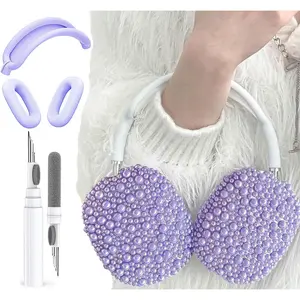 Glitter Pearls Case Cover for AirPods Max Headphones with Cleaner Pen Girls, Soft Handmade Beads TPU Ear Cups/Ear Pad/Headband Case Cover Silicone Protector for Apple Air Pod Max Accessories, Purple