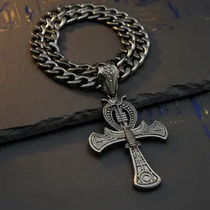 MaxBling81 Unisex Hematite-Plated Black Egyptian Ankh Cross & Horus Bird Pendant, 11mm Long, 20" Cuban Chain, Hip Hop Style Necklace for Daily Wear