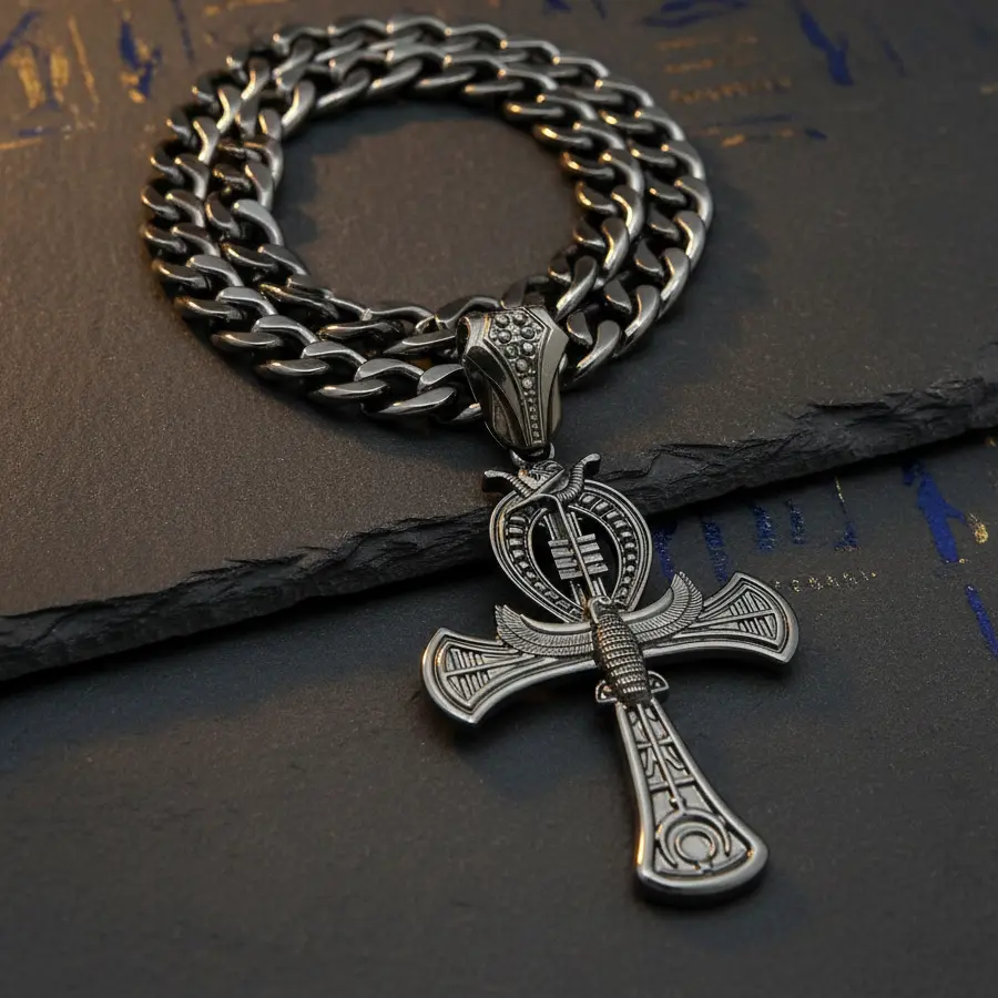MaxBling81 Unisex Hematite-Plated Black Egyptian Ankh Cross & Horus Bird Pendant Chain Link Necklace, 11mm Pendant, 20" Cuban Chain, Hip Hop Style for Daily Wear, Chain Link Necklaces