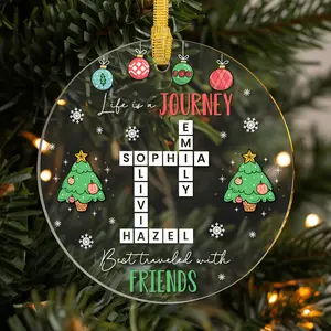 Custom Names On Puzzle Design with Life is A Journey Best Traveled with Friends Quote, Personalized Crossword Christmas Ornament for Friends, Festive Holiday Tree Decoration