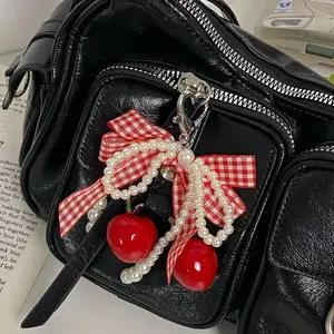 Cherry Keychain Cute Cherry Pearl Bow Keychain Y2Y Aesthetics Plaid Bowknot Bag Backpack Purse Keychains