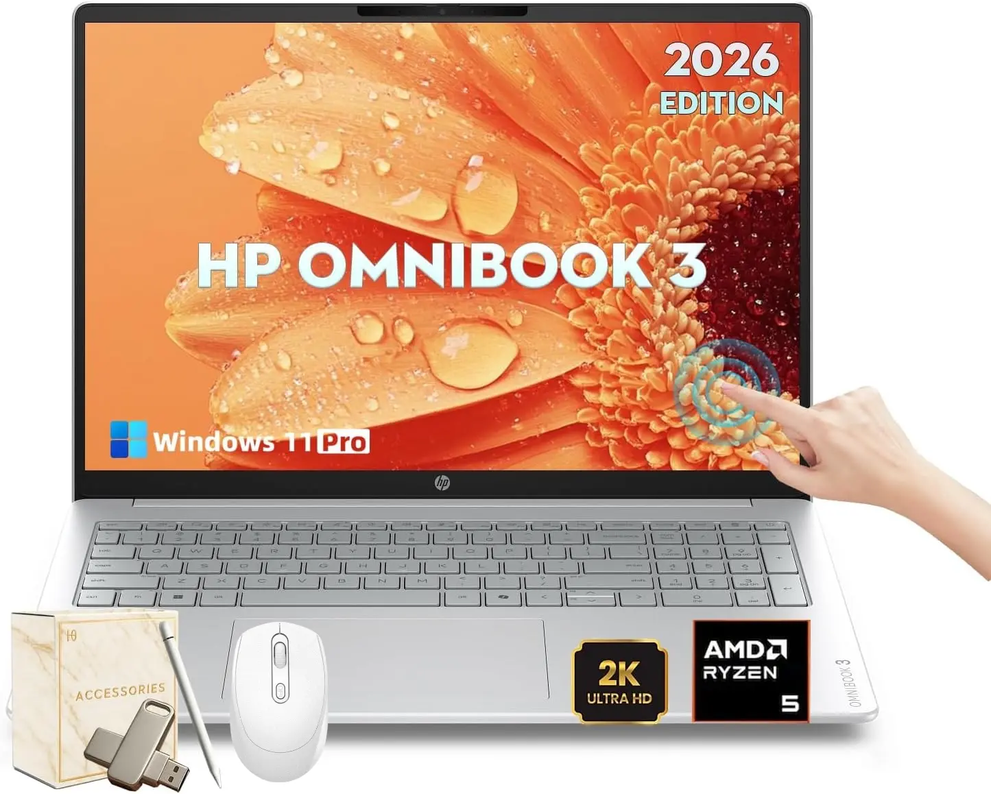 HP OmniBook 16'' Touchscreen Laptop 2026 Edition, 256GB SSD, 8GB LPDDR5 | 16'' 2K IPS Computer, Ryzen 5 40, Win11 Pro, Radeon 610M Graphics, FHD camera, Copilot AI for Business