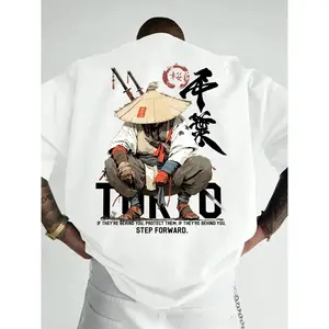 Men's Oversized Tokyo Ronin Samurai Graphic T-Shirt, Japanese Ukiyo-e Inspired Streetwear Tee, White Casual Edgy Top for Anime & Ninja Fans