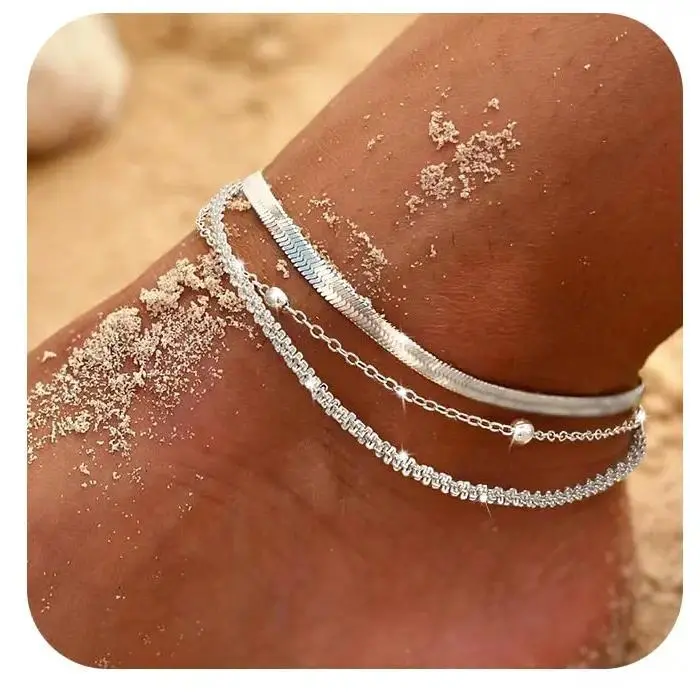 Silver Ankle Bracelets for Women,Dainty Layered Waterproof Anklet for Women Adjustable Sparkly Herringbone Beaded Rope Chain Set Stackable Cute Summer Beach Jewelry Gift