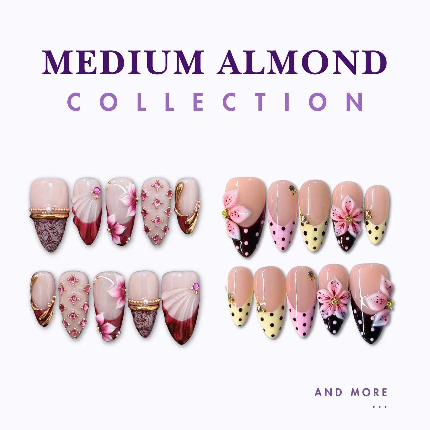 NailPhoria MEDIUM ALMONDS Collection - Handmade Press-On Nails | Reusable, Salon-Quality, Long-Lasting, Glossy Design