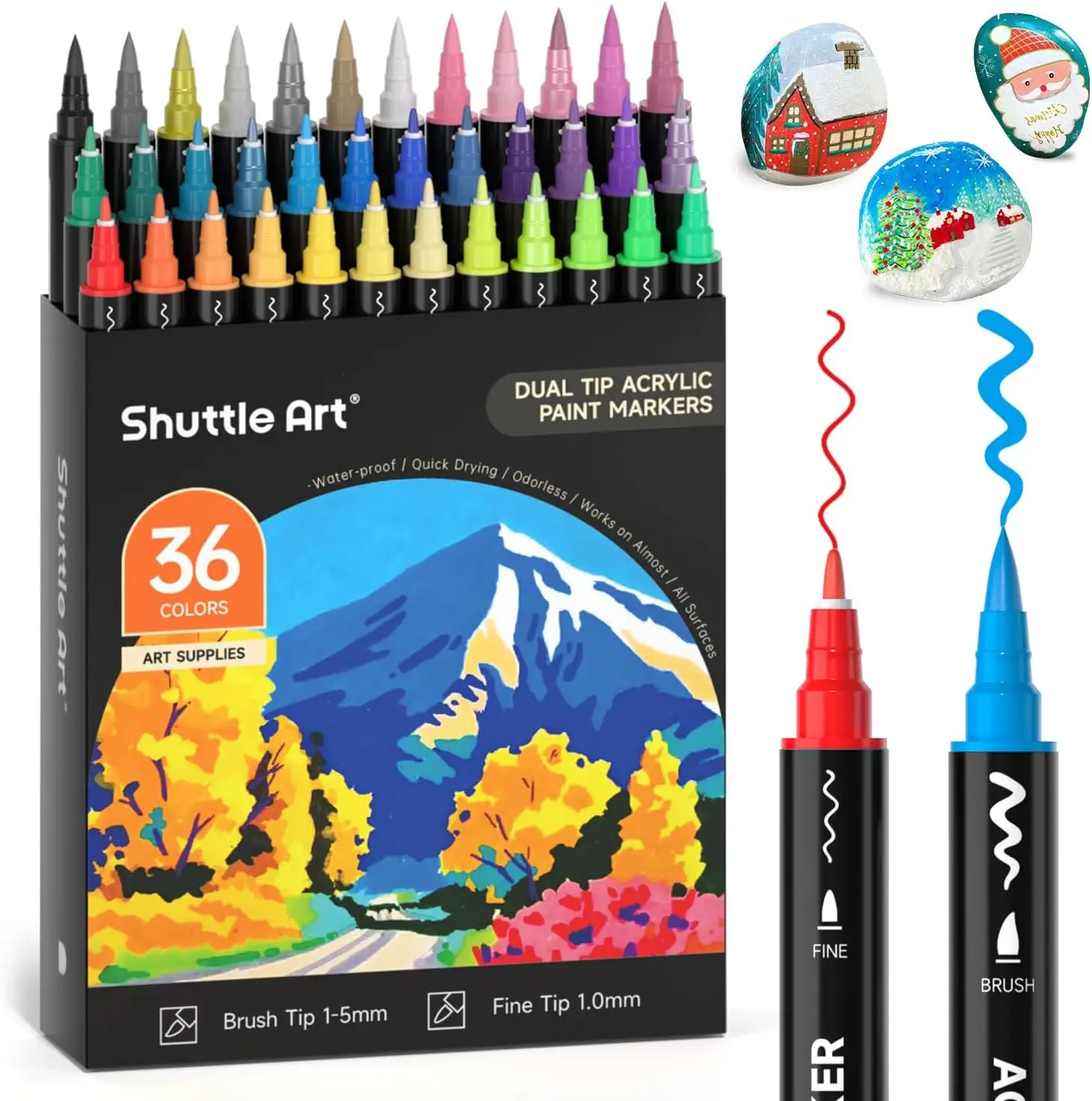 Shuttle Art 28/36/48/60 Colors Dual Tip Acrylic Paint Markers, Brush/dot tip and Fine Tip for Rock Painting, Ceramic, Wood, Canvas, Plastic, Glass, St