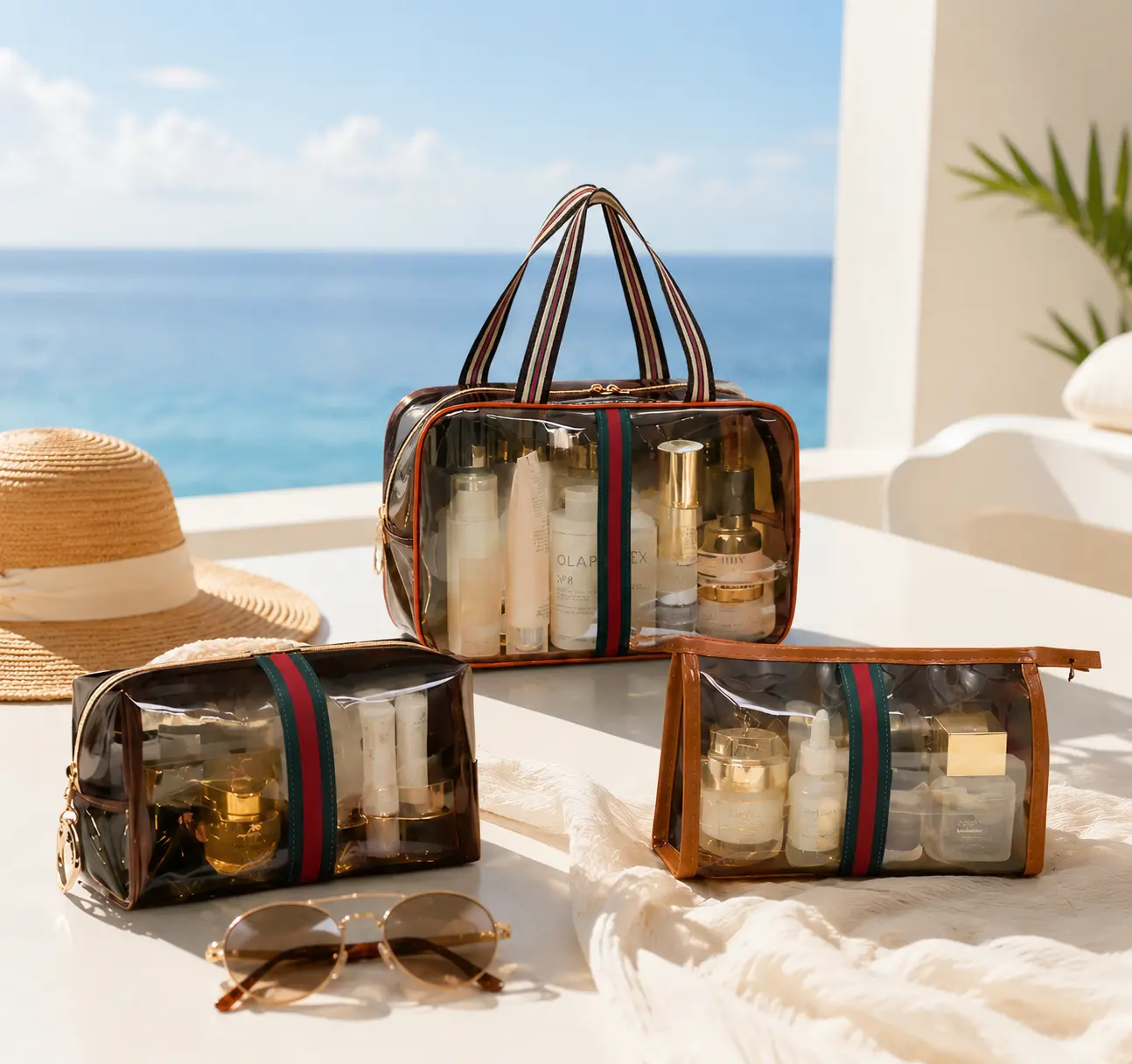 Women's 3PCS Retro Waterproof Makeup Organizer Set - Large-Capacity Transparent Makeup Bag, Portable Travel Vanity & Toiletry Storage Case (Brown)