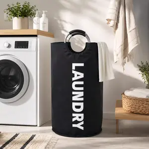 90L Large Collapsible Laundry Hamper, Freestanding Tall Storage Basket made of durable 600D Oxford Fabric, towels and bedding for daily family use. closets and small spaces.  (Black, Pink and Navy Blue)