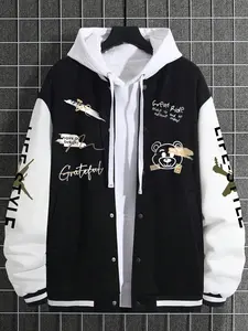 Men's Bear & Letter Print Baseball Collar Jacket without Hoodies, Loose Casual Fashion Warm Long Sleeve Outerwear for Daily Wear, Men's Clothes for Fall & Winter, Winter Fashion Clothing
