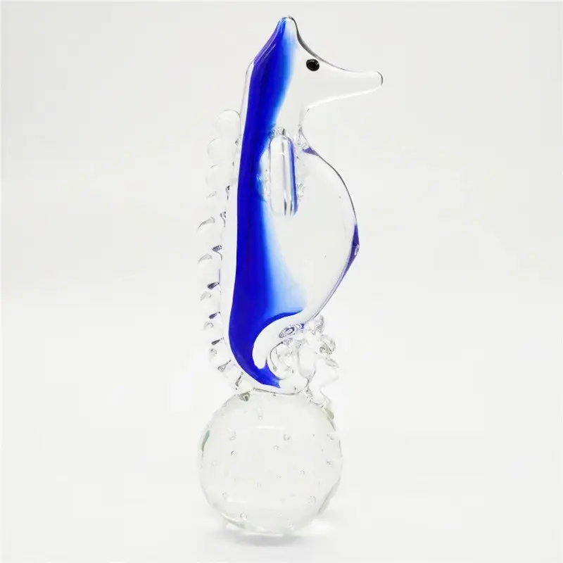 Murano Style Blue Glass Seahorse Craft, Hand Blown Desktop Ornament, Ocean Theme Living Room Home Decor, Elegant Glass Art Piece
