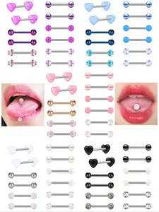 12pcs 14g Stainless Steel Tongue Rings Set, Straight Bar Nipple Piercing Jewelry for Women, 14mm Long Body Jewelry Accessories