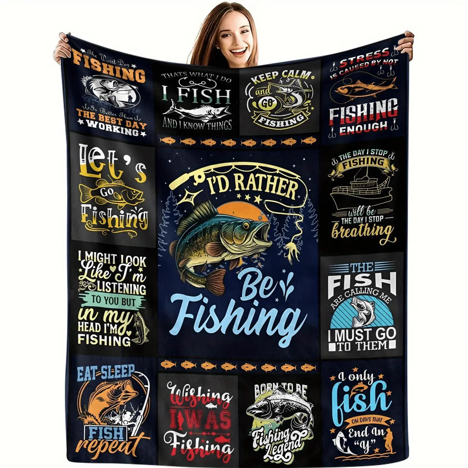 One Fishing-Themed Flannel Blanket Featuring Vibrant Fish Designs And Funny Sayings on a Black Backdrop, Perfect As a Modern Gift for Fishing Enthusiasts, Home Decoration, And Cozy Bedding