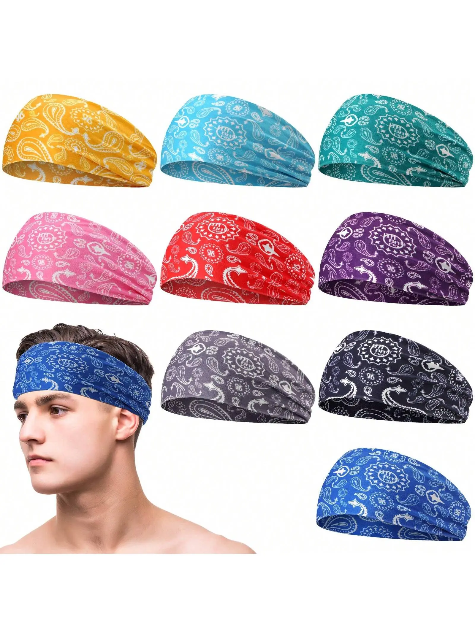 Men's Paisley Bandana Stretchy Headbands - Polyester Wide Elastic, Non-Slip, Sweat Absorbing, Anti-Sweat, Keeps Hair in Place Head Wraps for Adults, Running, Biking