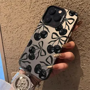 Black Cherry Pattern Acrylic TPU mobile phone case for iPhone 16ProMax 15 14 13 12 11 Plus cases camera full protector fashion high quality design fingerprint resistant gift anti drop durable