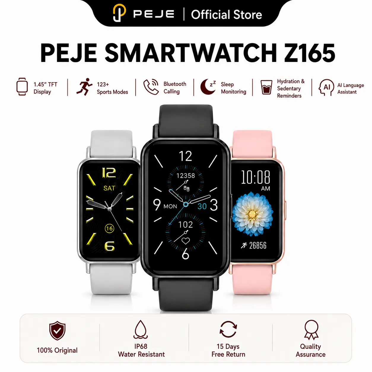 PEJE Z165 Women's Smart Watch, 1.45" Touch Screen Fitness Tracker with Bluetooth Call, 123 Sports Modes, Heart Rate Monitoring, Sleep Tracking, Music Control, Message Alerts, IP68 Water Resistance, Ideal Gift for Women, Compatible with Android/iOS