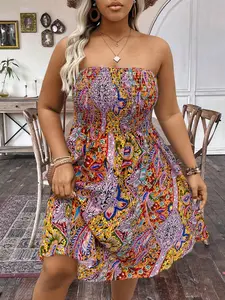 Plus Size Women's Halter One Shoulder Ethnic Print Beach Dress, Sexy Summer Casual Boho Style, Bohemian, Comfortable & Stylish, Womenswear