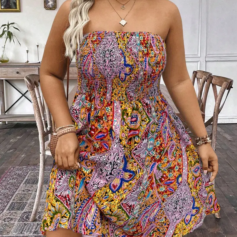 Plus Size Women's Strapless Ethnic Print Short Beach Dress, Sexy Summer Casual Boho Style, Comfortable & Stylish Bohemian, Boho Beach Dresses, Womenswear