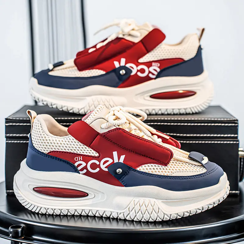 Men's Chunky Platform Casual Trainers - Red & Blue Color Block Breathable Mesh Shoes, 5cm Height Increase, Anti-Slip PVC Sole, Lightweight Soft Gym-to-Street Aesthetic Shoes for Fashion-Forward Men, Platform Sneakers, Casual Casual Trainers