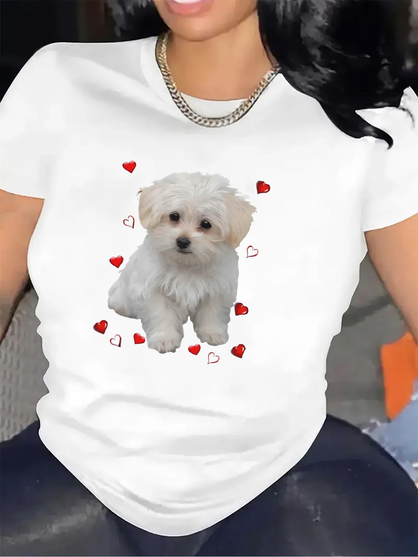 Short Sleeve T-Shirt With Maltese Dog Print And Red Hearts| Made Of, Lightweight And Durable, Perfect For Casual Wear At Home Or Restaurant, Comfortable Everyday Outfit For Women, Crew Neck Style