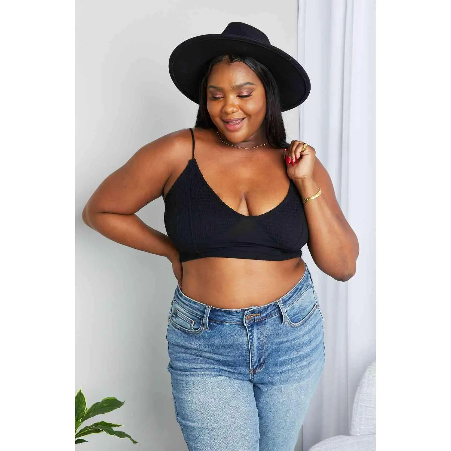 Zenana Full Size Textured Spaghetti Strap Bralette in Black